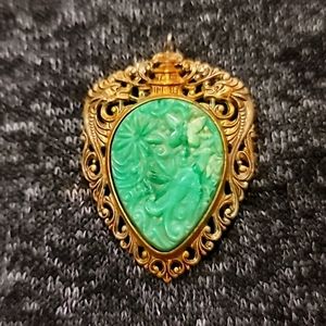 Vintage Hidden Dragons Pagoda Phoenix Chinese Faux Jade Brooch